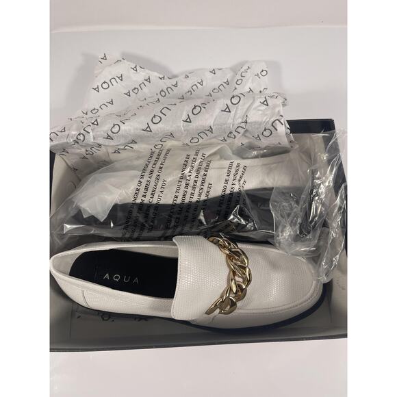 Aqua Lena Shoes Women's Size 9.5 Bone Lizard White Loafer Gold Chain New Boxed - Picture 2 of 10